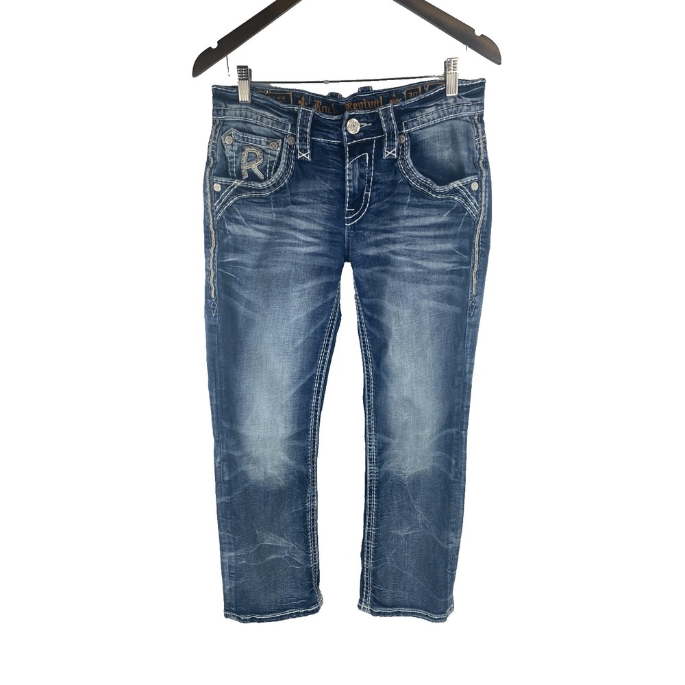 Rock Revival Mens 30 (Fits 32x28) Arlo Slim Boot Thick‎ Stitch Flap Denim Jeans
